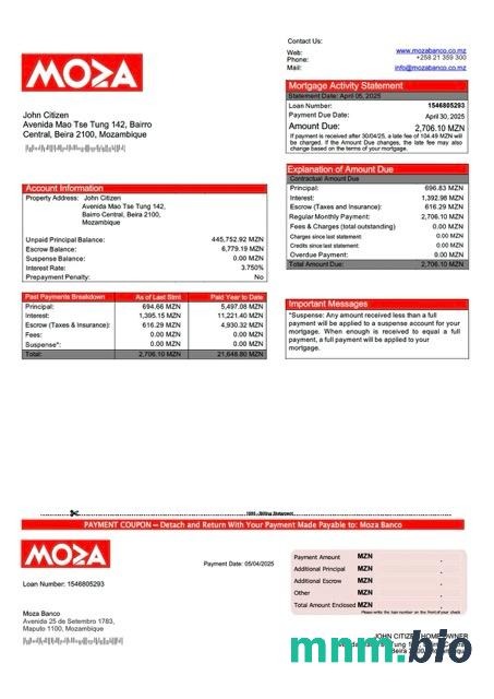 Mozambik Moza Banco wyciąg z kredytu hipotecznego szablon Word i PDF